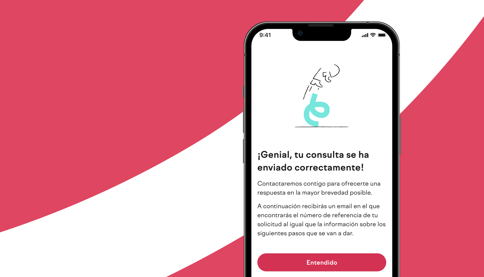 Pantalla de confirmación de envío de una solicitud de consulta en atención al cliente en la app de dōcō.