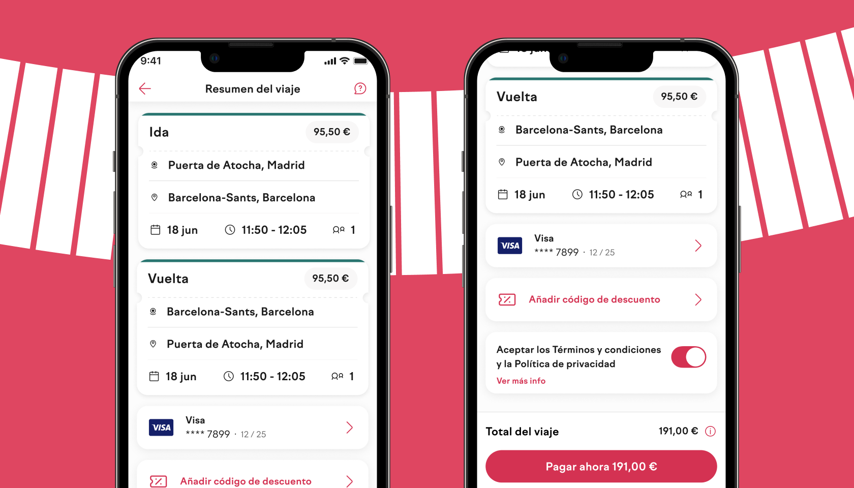 Pantallas del resumen del viaje y pago en la app de dōcō.