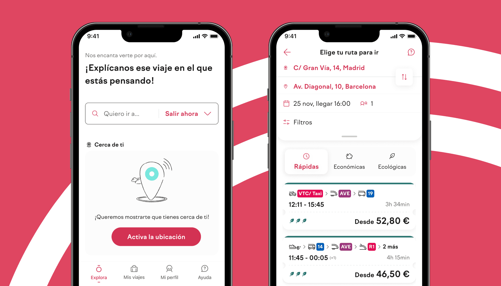 Captura de la sección explora de la app de dōcō e imagen de la planificación de un viaje desde Madrid a Barcelona.