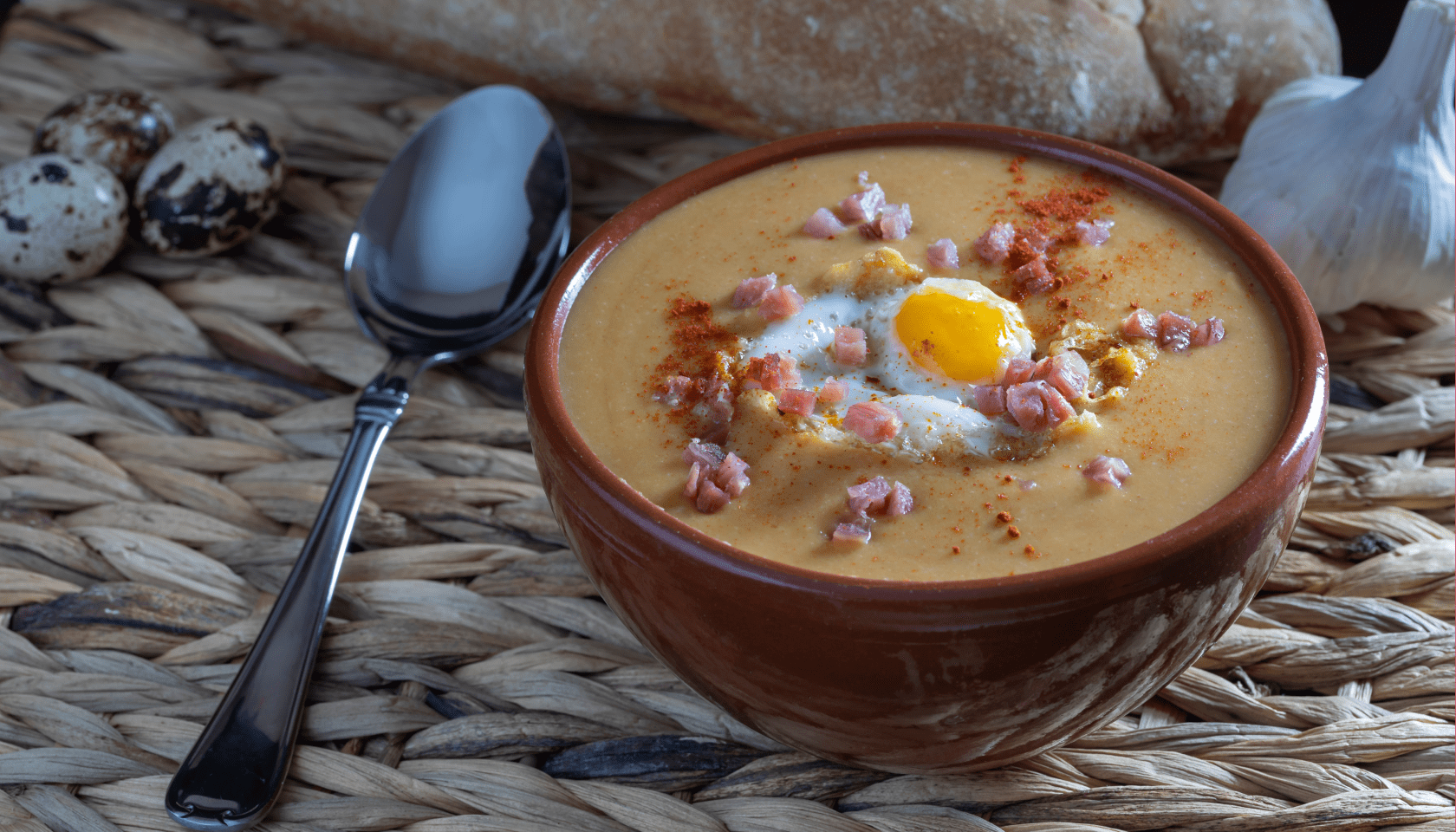 Sopa de ajo castellana con huevo, jamón y pimentón en un cuenco de barro sobre una superficie trenzada.